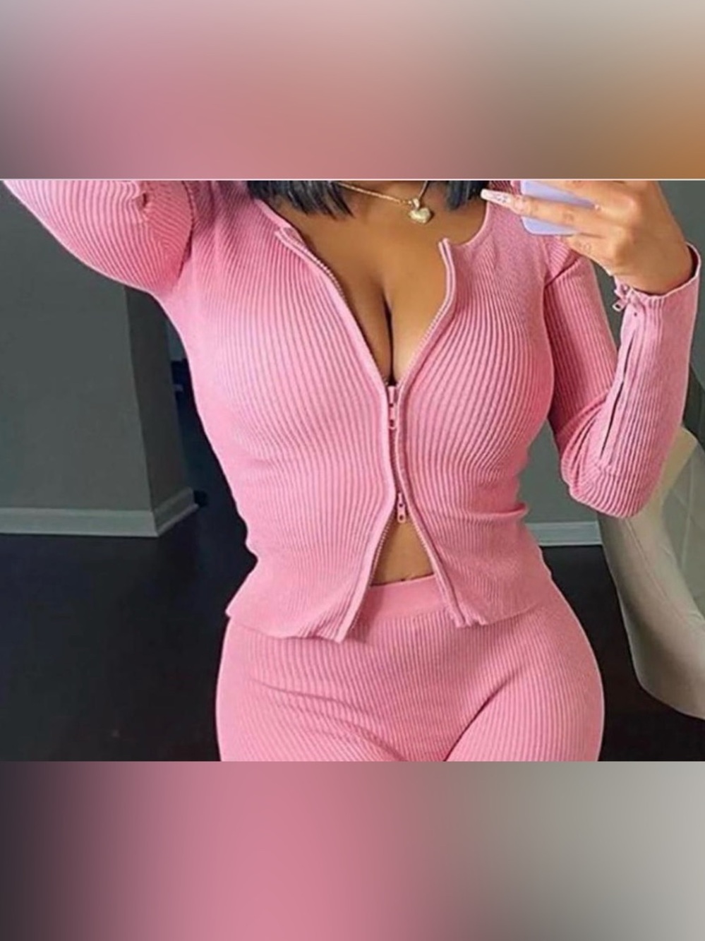 Fashion Nova Pink Ribbed Zip Front Long Sleeve Top